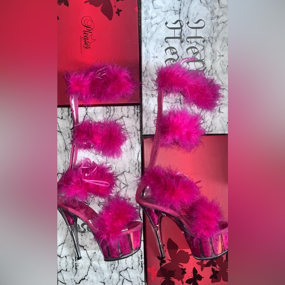 Adore-728F Hot Pink Marabou Fluffy Fur Stripper Pole Dance Heels Gladiator Shoes - Picture 4 of 14